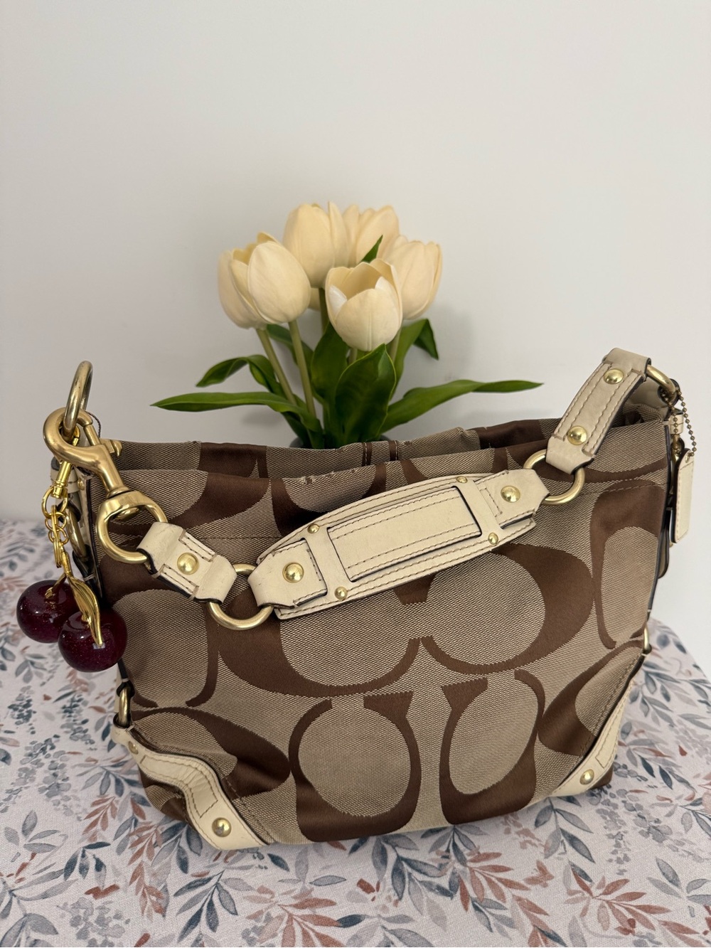 Coach Brown Signature Canvas Shoulder Bag with Cream Leather Trim